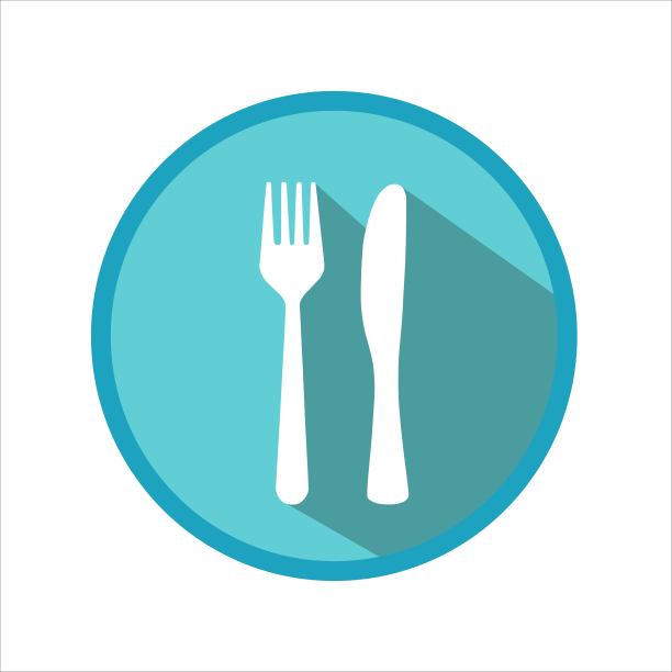 蓝色的叉和刀图标。图片下载