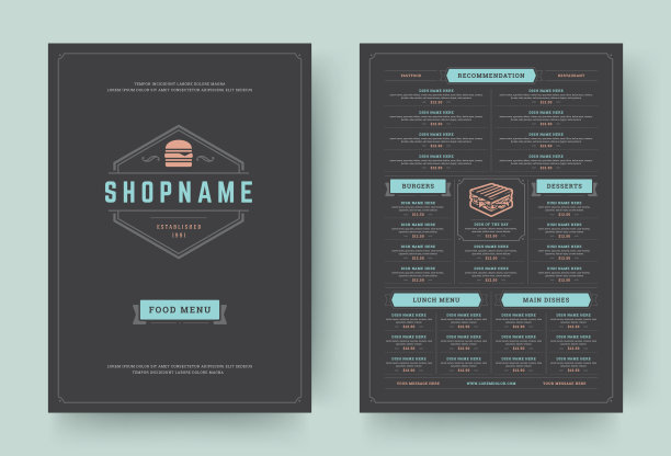 汉堡餐厅菜单布局设计宣传册或食物传单模板矢量插图图片下载