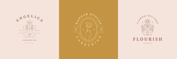 女性标志标志设计模板设置与女人的手和花矢量插图最小的线条艺术风格图片下载