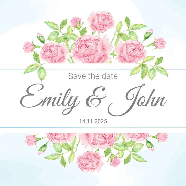 水彩美丽的粉红色英国玫瑰花束与框架旗帜标志或婚礼邀请卡广场背景图片下载