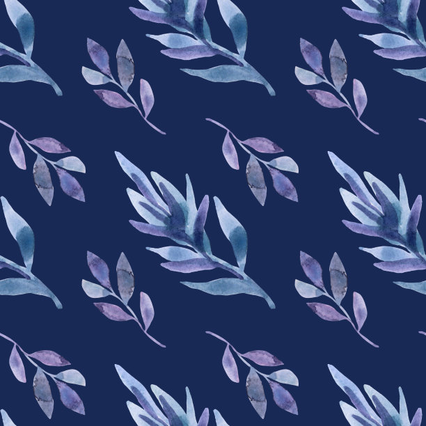 无缝图案水彩手绘紫色抽象叶枝叶在深蓝色。艺术创作的自然背景，花店，婚礼，庆典，卡片，壁纸，纺织品，包装，邀请图片下载