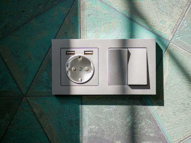 带有电插座的双开关，插座上有部分阴影。图片下载