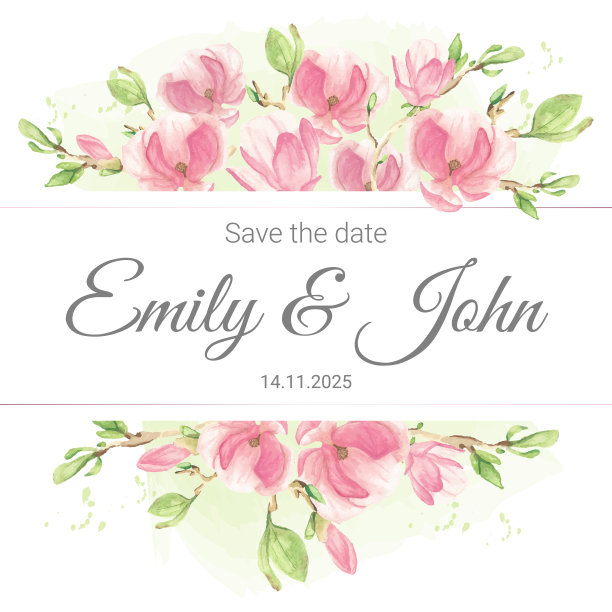 水彩粉色木兰枝花束与金色闪光的方形框架的横幅或标志图片下载