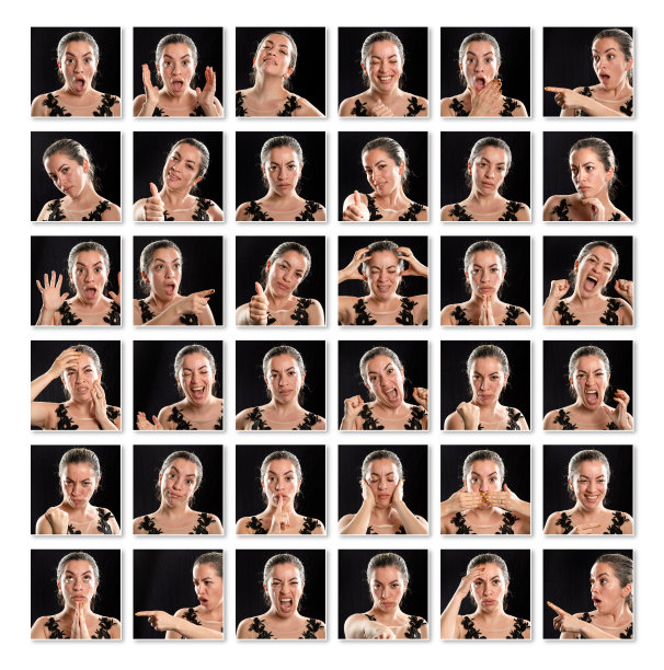 女性的面部表情变化的情绪肖像在工作室拼贴图片下载
