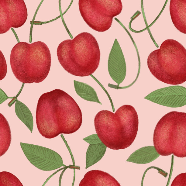 蜡笔樱桃与树叶无缝图案。手绘艺术甜莓可重复的背景与蜡笔。可爱的彩色时尚的背景插图，纺织品，挂毯。图片下载