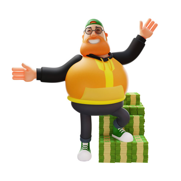 3D胖子卡通形象骄傲地站在一堆钱上图片下载
