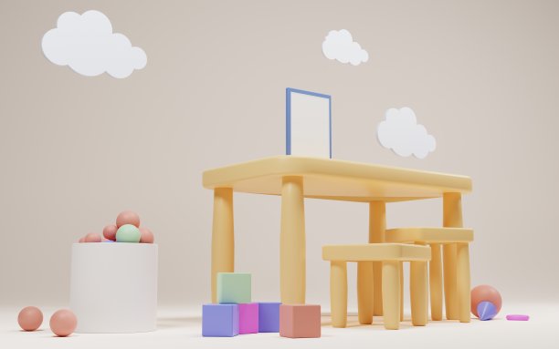 儿童桌子海报模拟和椅子教育和有趣的游戏。幼儿园或幼儿园游戏室内部。卡通3d插图儿童房与云朵，玩具立方体和干游泳池球图片下载
