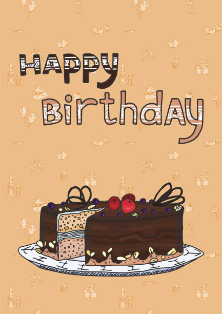 生日贺卡，棕色背景的蛋糕涂鸦图片下载