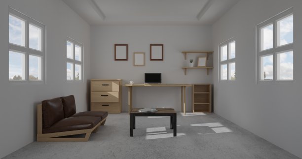 3d渲染室内房间。最小的风格设计。工作的书桌上。家庭室内设计。为网站，墙纸和模型的模板。图片下载