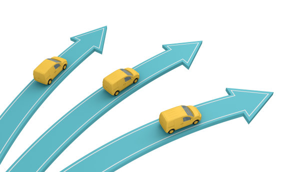 三辆黄色面包车朝不同方向开去图片下载