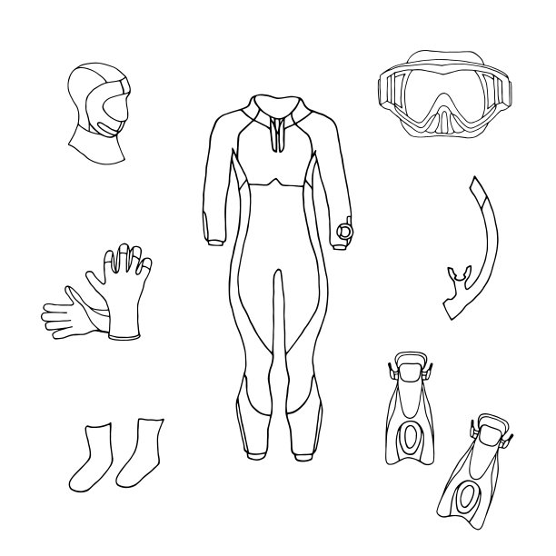 以白色为背景的潜水设备。轮廓矢量图。图片下载