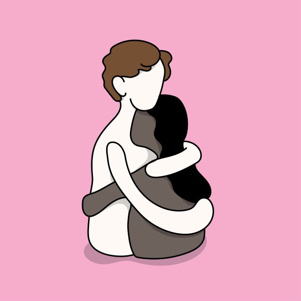 矢量涂鸦卡通夫妇拥抱。爱好者不同的概念。白人男人和黑人女人相爱，分享他们的亲密。一对拥抱矢量插图。图片下载