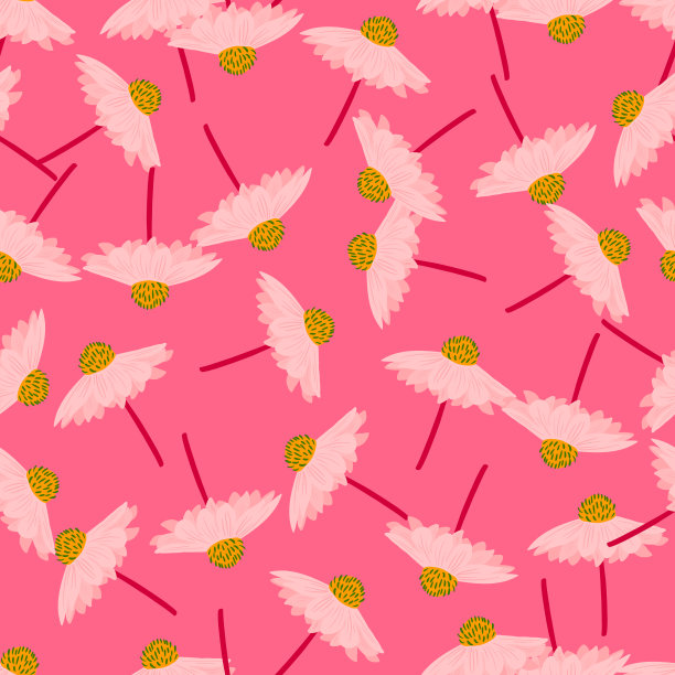 手绘无缝图案与随意的非洲菊装饰。亮粉色的背景。图片下载