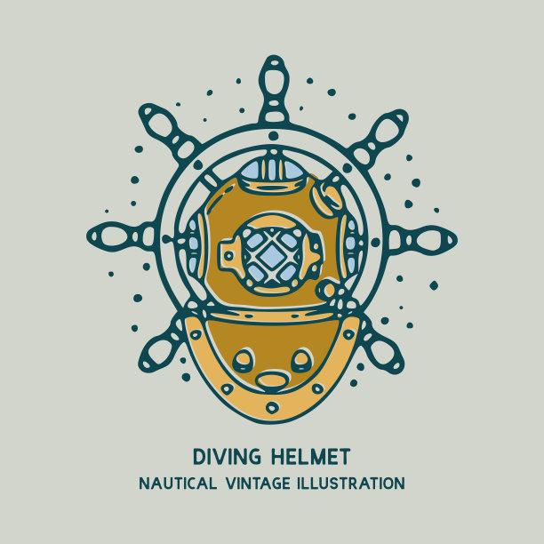 潜水头盔螃蟹与船的车轮航海复古插图图片下载