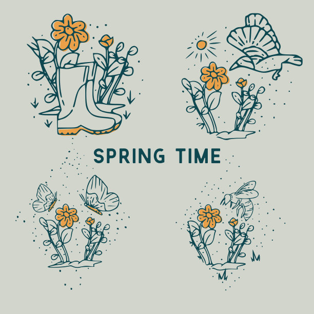 春天的时间与花，靴子，蝴蝶和蜜蜂古董手绘插图图片下载