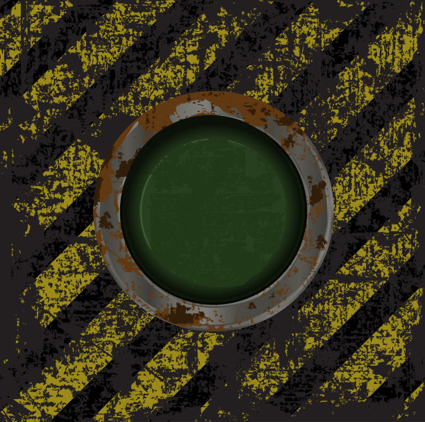 韦顿脏旧锈迹斑斑的绿色按钮上有划痕的背景上有黄黑条纹的危险警告图片下载