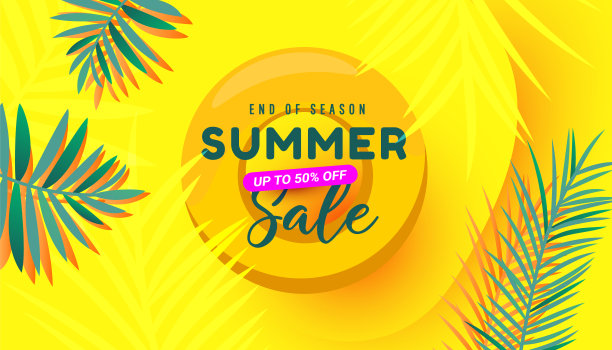 夏季销售矢量插图与热带树叶，泡沫形成图案在黄色的背景。网站、传单和海报的宣传横幅。图片下载
