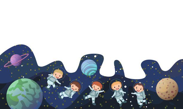 空间背景。孩子的宇航员。儿童插图。框架。穿着太空服的宇航员，行星和布满星星的天空景观。黑暗的颜色。平的风格。卡通设计。向量图片下载