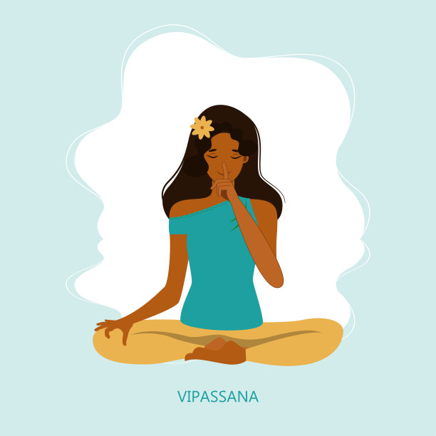 年轻女子闭着眼睛，盘腿坐在地板上沉思。瑜伽静修、修行、内观禅修。平面卡通矢量插图。“n”n图片下载