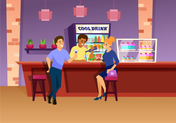 一对情侣在酒吧里聊天，酒保给他们倒酒图片下载