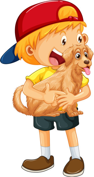 一个男孩抱着可爱的卡通人物狗孤立图片下载