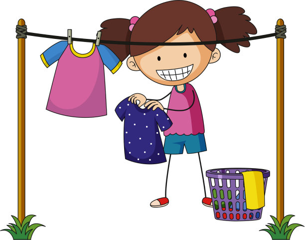 一个在户外洗衣服的女孩卡通人物图片下载