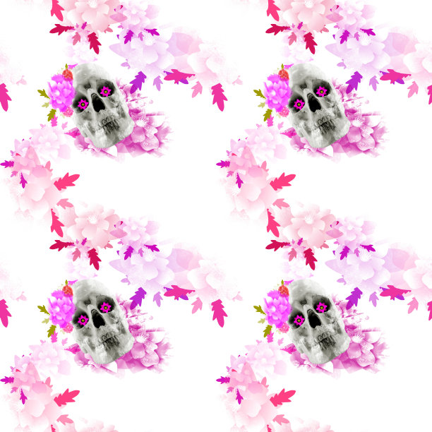 无缝圣死圣风格白色色调的头骨与花朵图案插图。图片下载