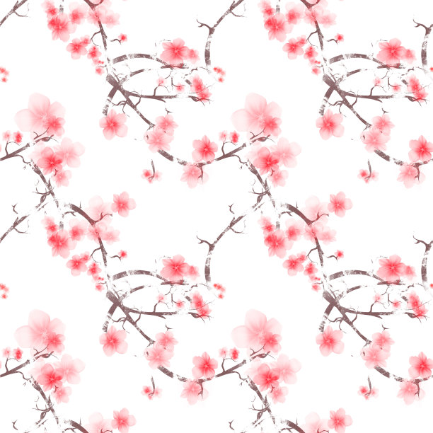 无缝红色调的日本樱花与树枝图案插图。图片下载