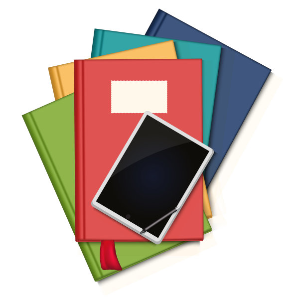 白色背景上的书籍和平板电脑图片下载