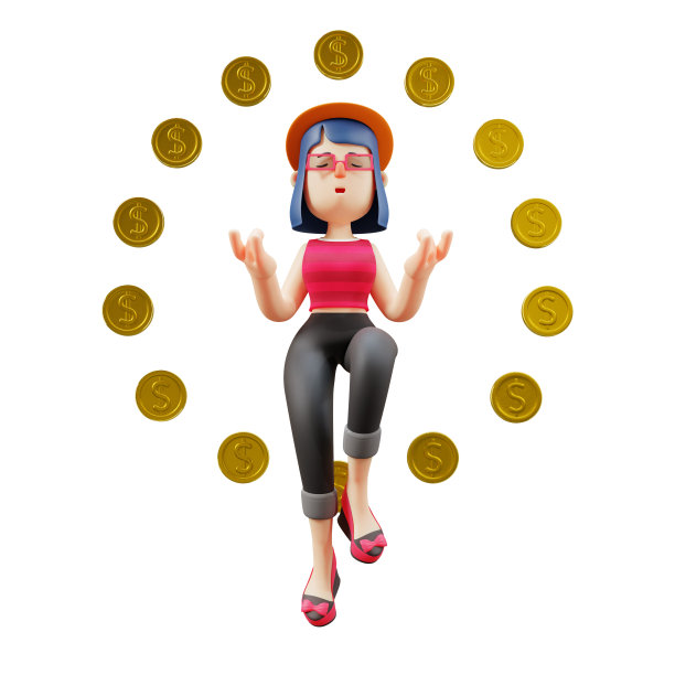3D卡通插图显示一个平静的脸与黄金硬币的背景图片下载