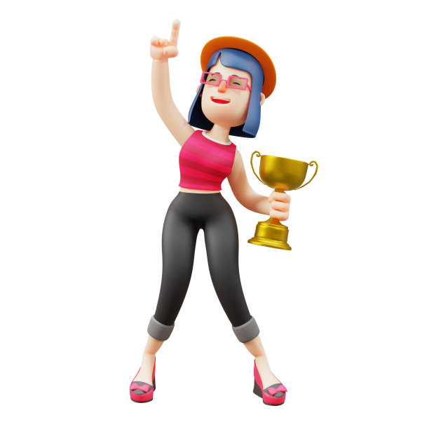 3D可爱的女士卡通插图有一个奖杯图片下载