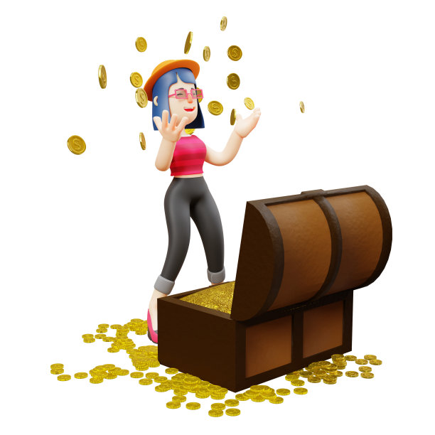 3d可爱的女士卡通图片有一个装满金币的箱子图片下载