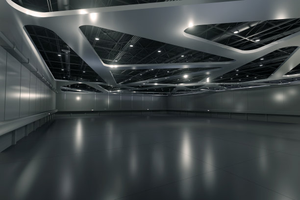 展览中心空荡荡的大厅。展台背景，展台元素。会议会话中心。大型娱乐场所，音乐会，活动。室内运动场。仓库储存产品。3 d渲染。图片下载