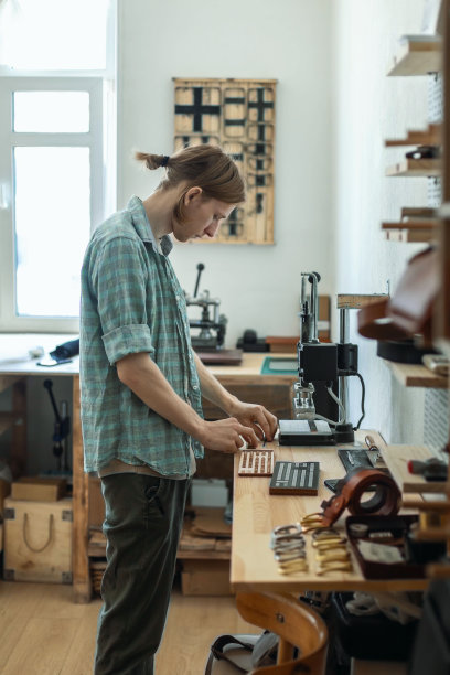 特写工匠的手打字文字与个人邮票的皮革。制造工艺的标签图片下载