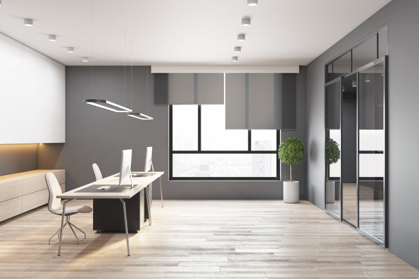 现代混凝土和木制的办公室内部，窗户城市景观，日光和家具。3 d渲染。图片下载
