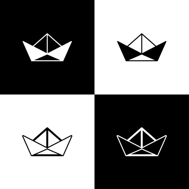 设置折叠的纸船图标孤立在黑色和图片下载