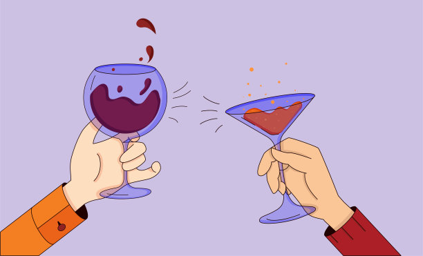 庆祝的插图，手的酒杯和香槟，欢呼和喝酒精鸡尾酒。图片下载