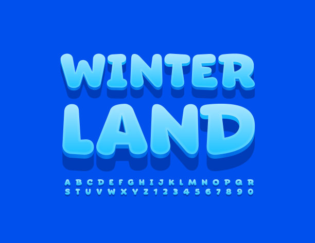 向量可爱的标志冬天的土地。蓝色漫画风格的字母和数字集图片下载