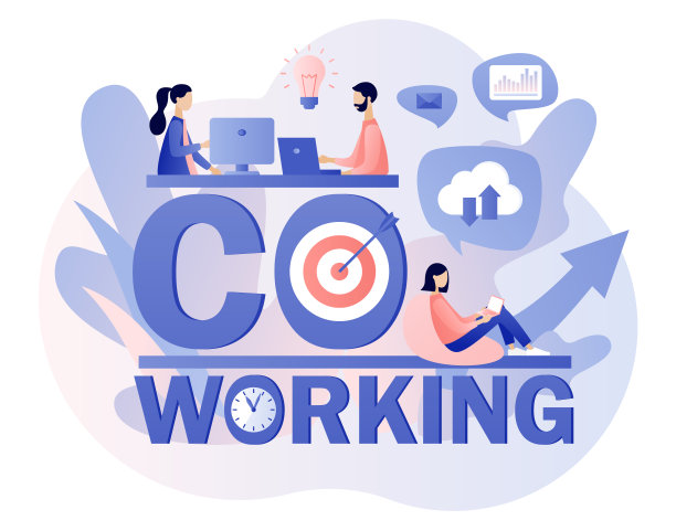 联合办公空间。共同的工作环境。微型的人们在共享的现代办公室里用笔记本电脑，电脑，智能手机工作。现代平面卡通风格。矢量图图片下载