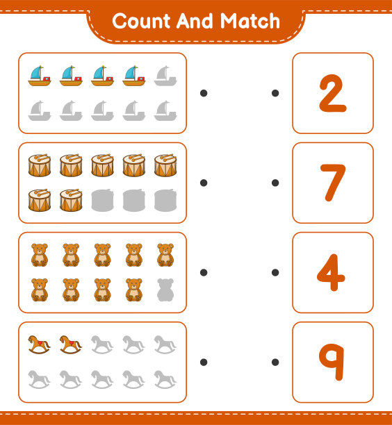 数一数船，鼓，泰迪熊，摇摆马的数量，并与正确的数字匹配。教育儿童游戏，可打印的工作表，矢量插图图片下载