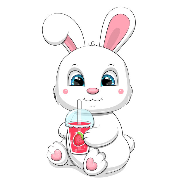 可爱的卡通白兔喝草莓汁。图片下载