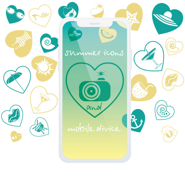 移动设备和夏季图标上孤立的白色背景。创意传单或海报。图片下载