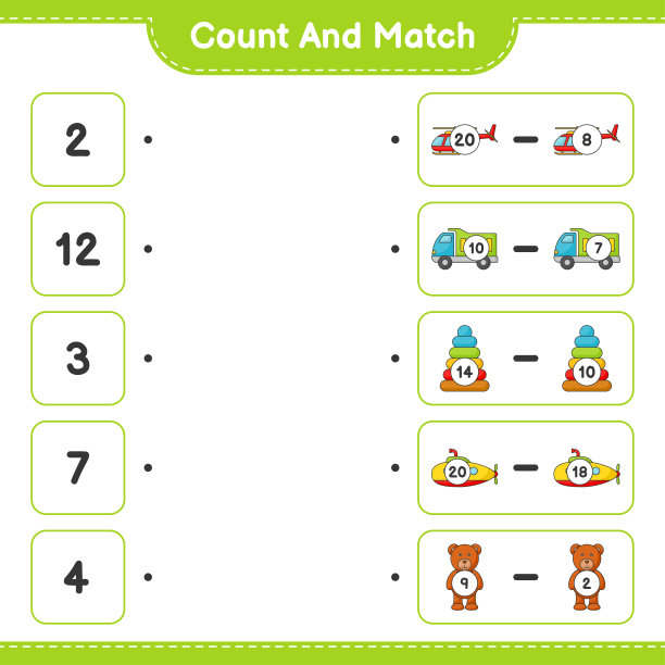 数一数直升机、卡车、金字塔玩具、潜水艇、泰迪熊的数量，并匹配正确的数字。教育儿童游戏，可打印的工作表，矢量插图图片下载