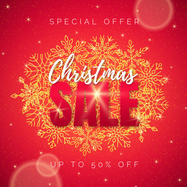 挂着金色雪花的红色圣诞促销横幅图片下载