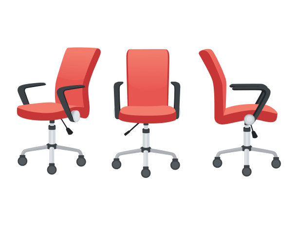现代办公室或家庭椅子与红色纺织品和轮子客人人体工程学椅子平面矢量插图孤立在白色背景图片下载