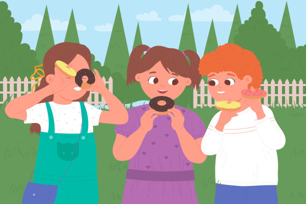 孩子们在夏天的绿色公园、花园或后院吃甜甜圈，快乐的朋友们吃着糖果图片下载