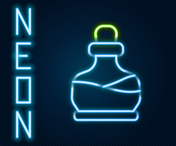 发光的霓虹线瓶与药水图标孤立在黑色背景。装有魔法药水的烧瓶。快乐的万圣节派对。色彩斑斓的轮廓的概念。向量图片下载