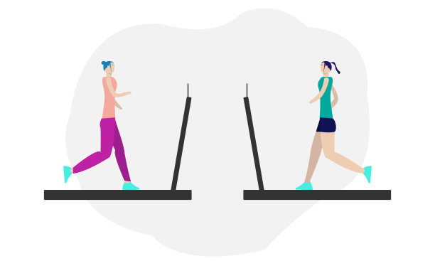 两个年轻女人在跑步机上跑步。图片下载