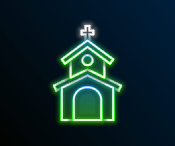 发光的霓虹灯线教堂建筑图标孤立在黑色的背景。基督教教堂。宗教的教堂。色彩斑斓的轮廓的概念。向量图片下载