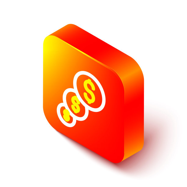 等距线金融增长和美元硬币图标孤立在白色背景。增加收入。橙色平方按钮。向量图片下载